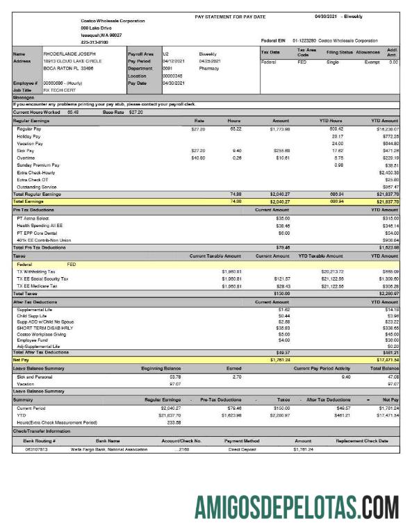 Imprimível Modelo de extrato de pagamento da Costco Wholesale Corporation em formatos Word e PDF.pdf, 1